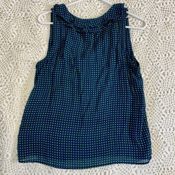 Maeve (M) Anderson Sleeveless Top Anthropologie Green Blue Checker Tie Ruffle - Picture 7 of 13